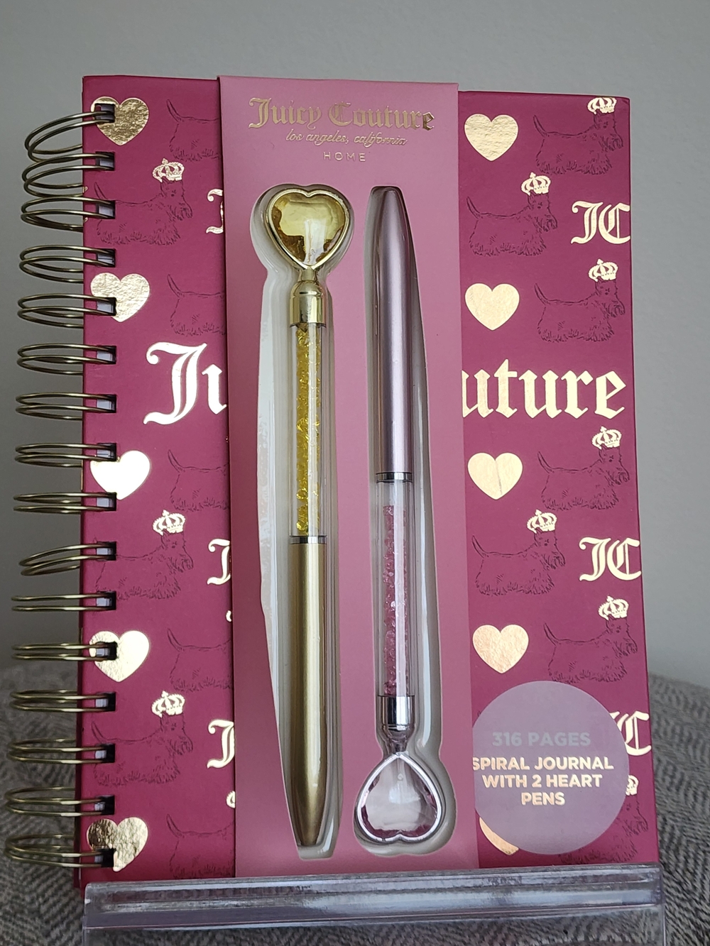 Juicy Couture Gold & Pink Heart Pen Set with Pink Spiral Journal, Please Support
